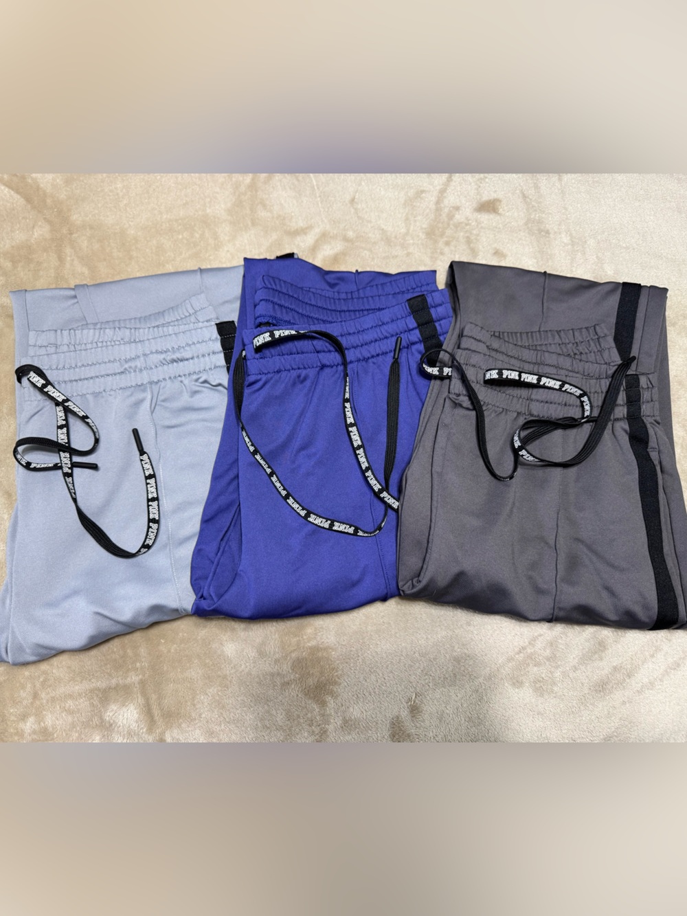 PINK Victoria's Secret Track Joggers in Light Gray, Royal Blue & Charcoal
